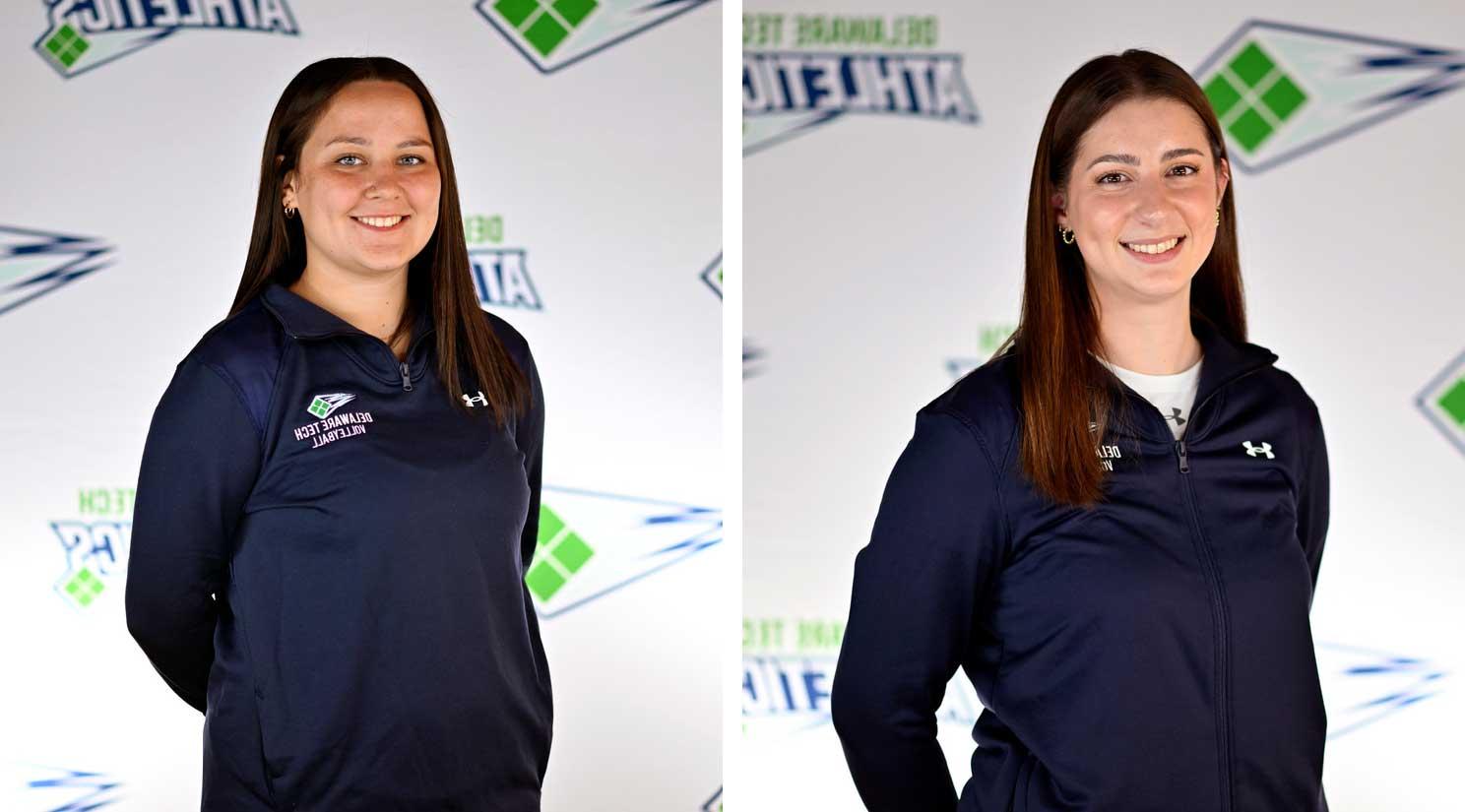 Erin Carney and Morgan Donahue standing in their coaching uniforms in front of a white backdrop with the Delaware Tech Athletics logo repeated on it